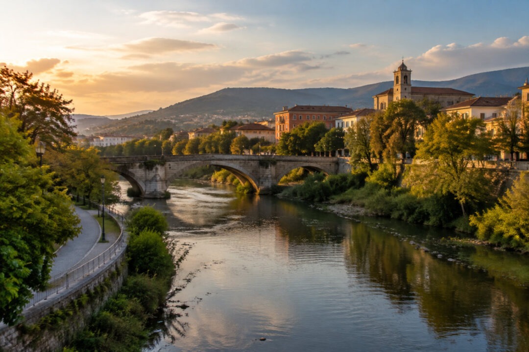 Sentiero lungo il fiume Calore, Benevento, con ponte storico e colline sullo sfondo