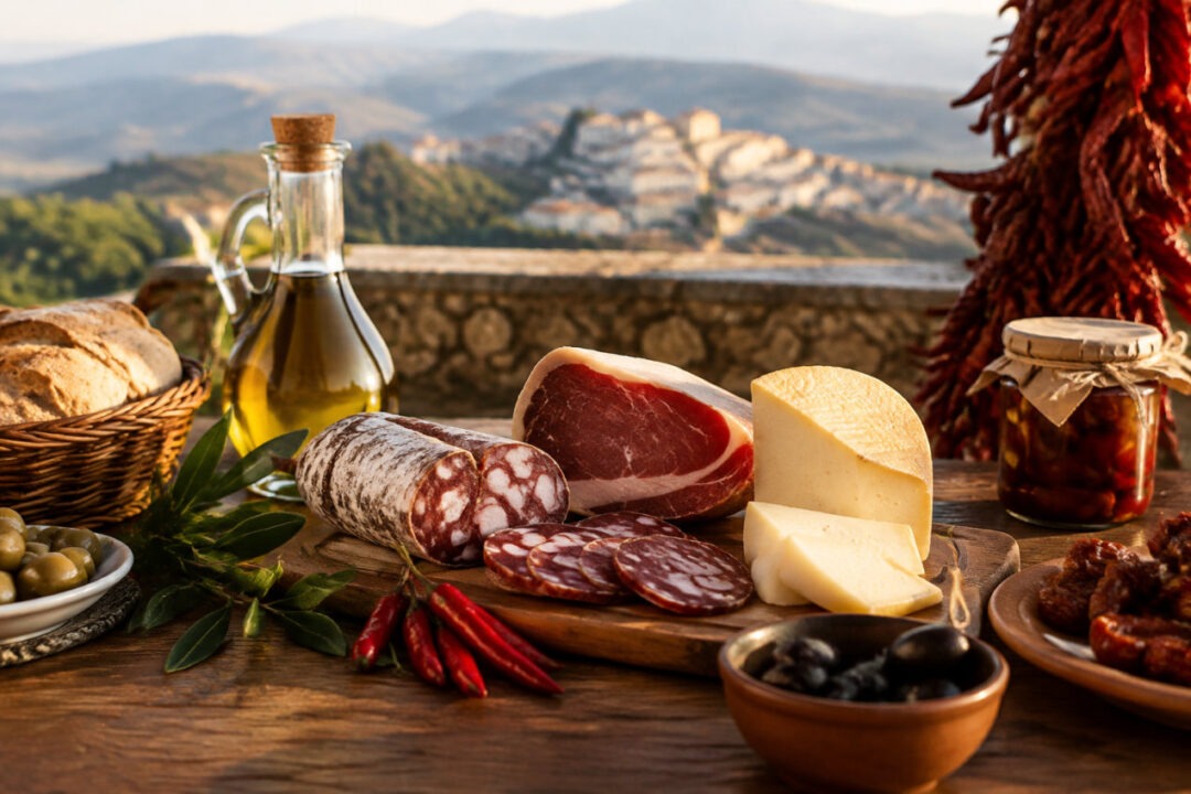 Cesto di prodotti tipici Benevento con torrone, liquore Strega e caciocavallo